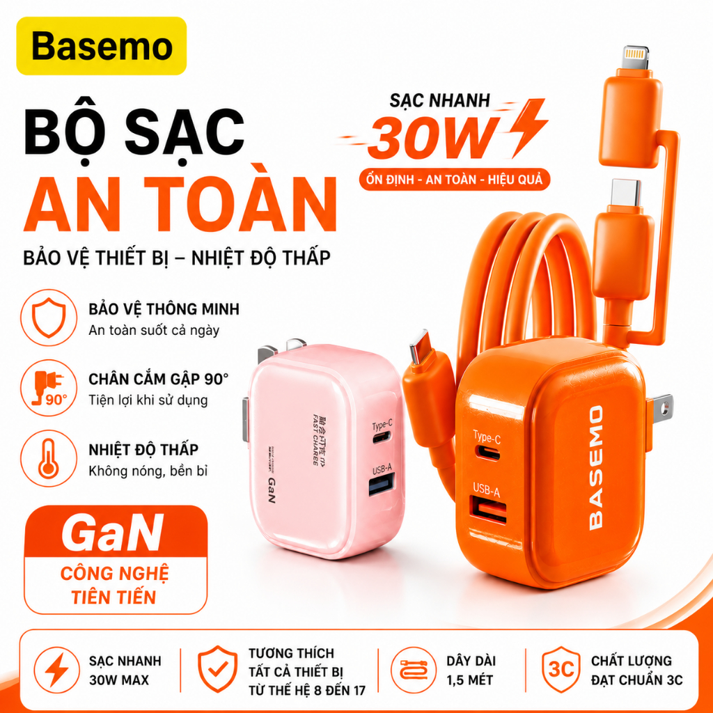Bộ sạc nhanh GaN 30W Basemo, sạc nhanh 2 in 1, tương thích với nhiều dòng điện thoại, bảo hành 6 tháng