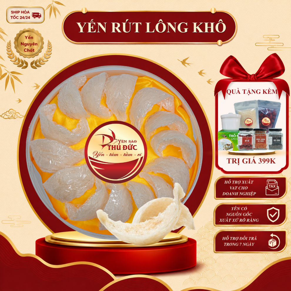 Yến Rút Lông Khô Nguyên Tổ Yến Sào Thủ Đức - Tổ Yến Sào Cao Cấp 100% Nguyên Chất (Hộp Quà Biếu Thượng Hạng) - TYSCSL