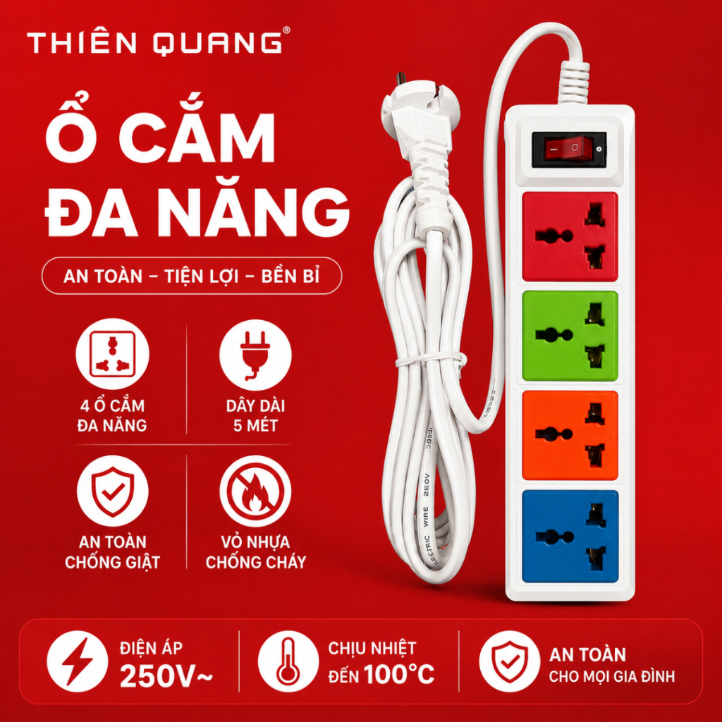 Ổ Cắm Điện Đa Năng Thiên Quang 4 Ổ Cắm Có Công Tắc 3M 5M 3000W 12A Ổ Điện Chống Giật Cho Gia Đình