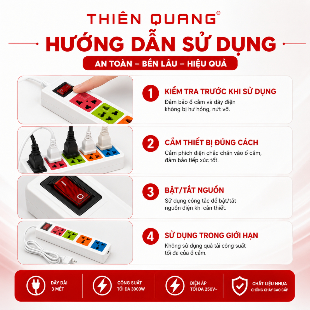Ổ Cắm Điện Đa Năng Thiên Quang 4 Ổ Cắm Có Công Tắc 3M 5M 3000W 12A Ổ Điện Chống Giật Cho Gia Đình