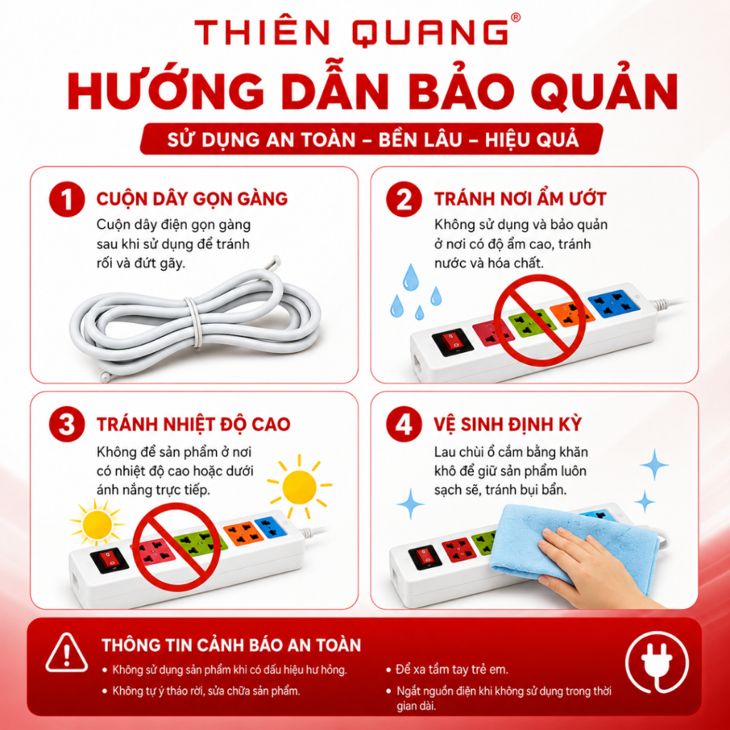 Ổ Cắm Điện Đa Năng Thiên Quang 4 Ổ Cắm Có Công Tắc 3M 5M 3000W 12A Ổ Điện Chống Giật Cho Gia Đình