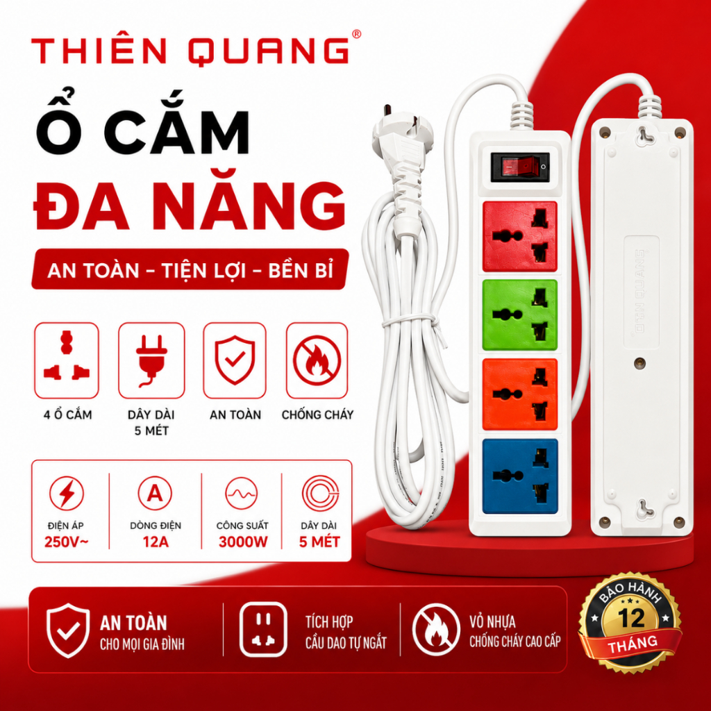 Ổ Cắm Điện Đa Năng Thiên Quang 4 Ổ Cắm Có Công Tắc 3M 5M 3000W 12A Ổ Điện Chống Giật Cho Gia Đình