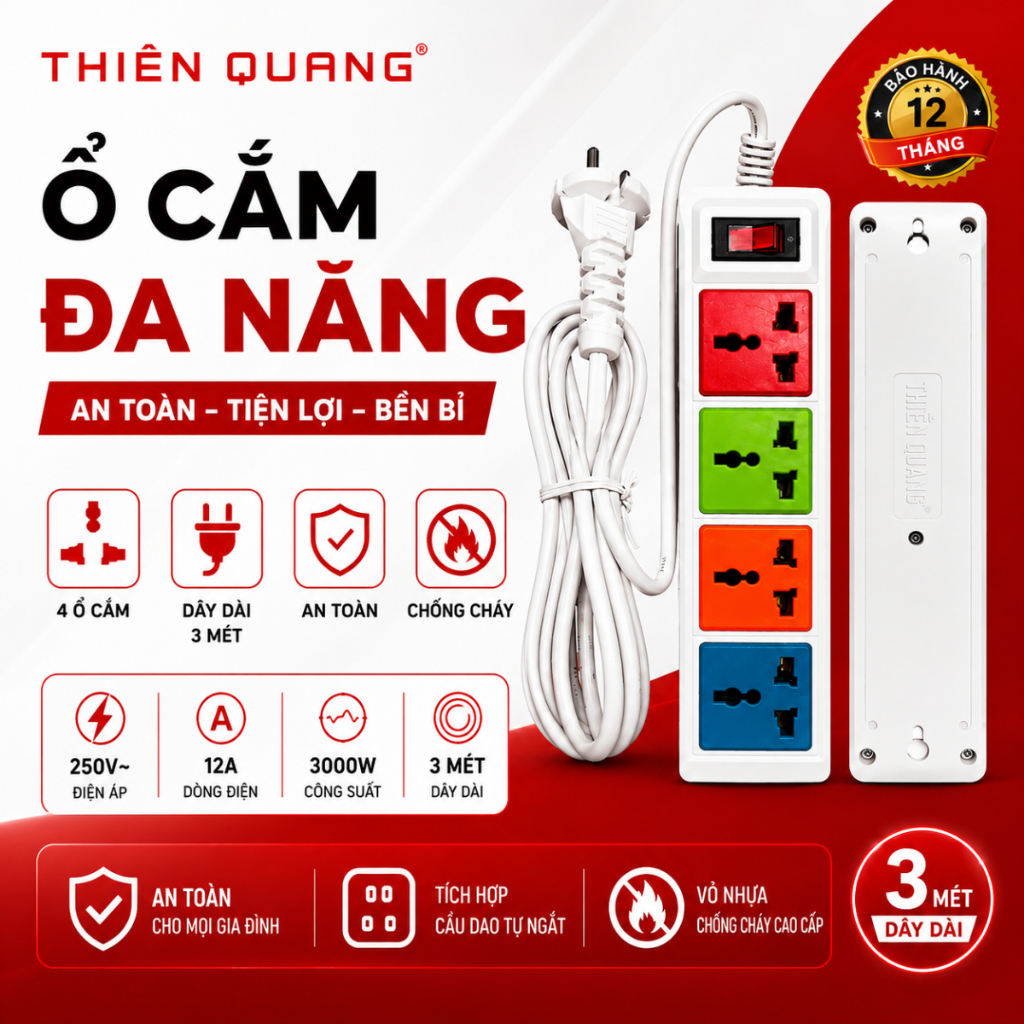 Ổ Cắm Điện Đa Năng Thiên Quang 4 Ổ Cắm Có Công Tắc 3M 5M 3000W 12A Ổ Điện Chống Giật Cho Gia Đình