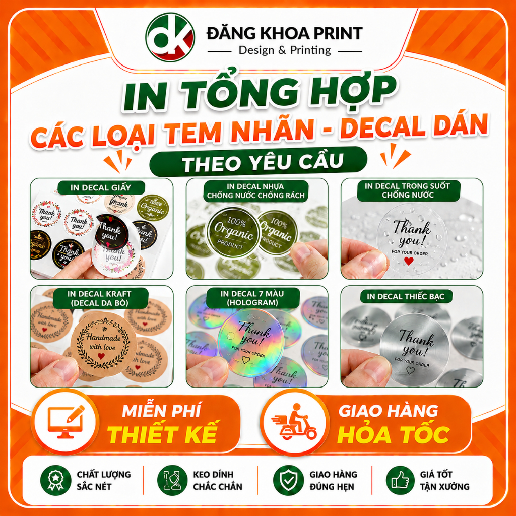 [IN HỎA TỐC] In Tem Nhãn Decal Dán Theo Yêu Cầu | Decal Giấy, Decal Nhựa, Trong, Decal Kraft, Hologram 7 màu , Thiếc Bạc