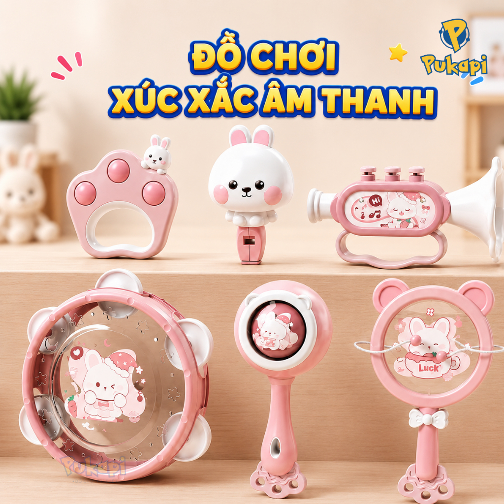 Lục Lạc Cho Bé Xúc Xắc  6 Món Bộ Xúc Xắc Cho Bé Hình Gấu Thỏ Cầm Vali Gặm Nướu Âm Thanh Vui Nhộn- Đồ Chơi Cho Bé PUKAPI