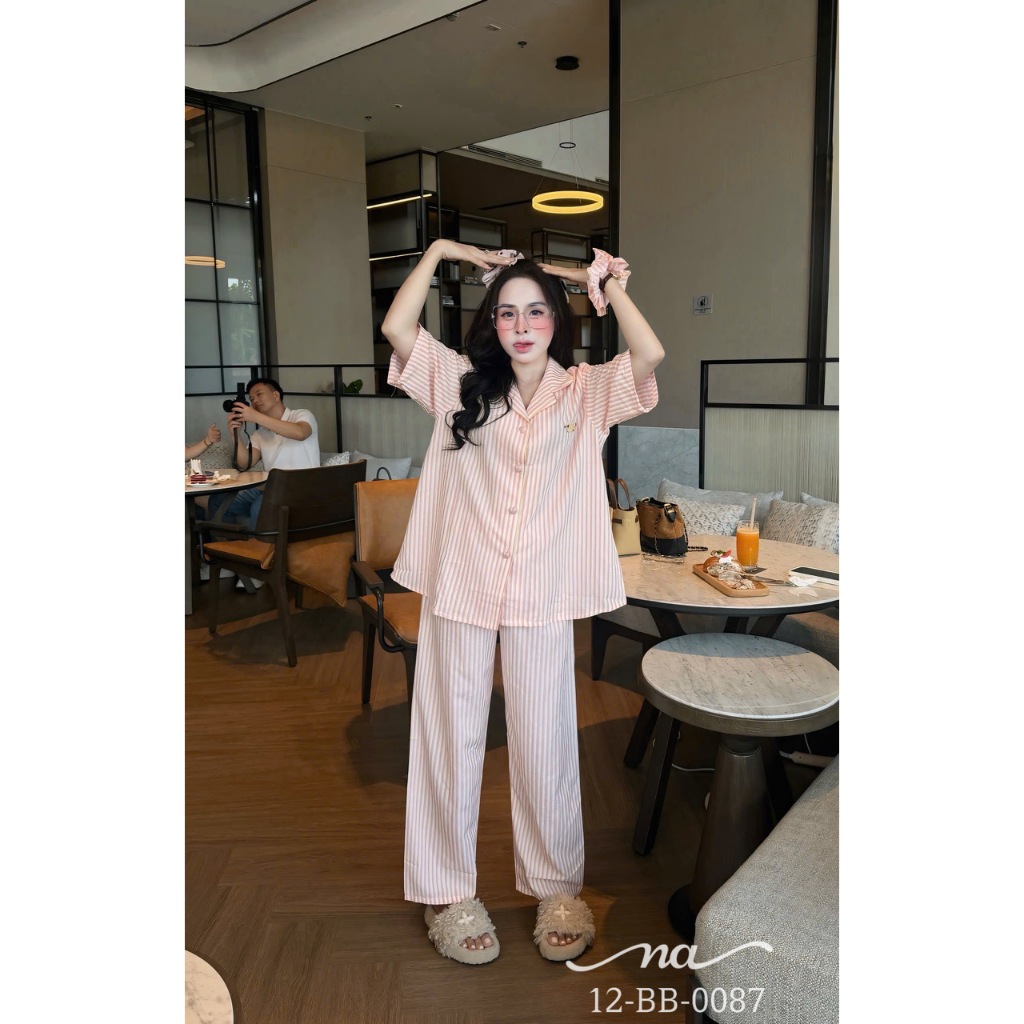 Bộ ngủ mặc nhà thô áo cộc quần dài họa tiết kẻ sọc, bộ mặc nhà thanh lịch