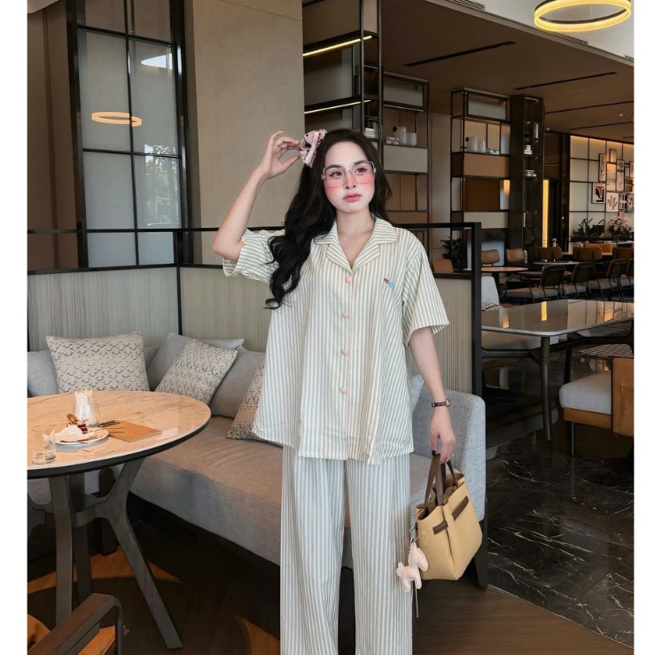 Bộ ngủ mặc nhà thô áo cộc quần dài họa tiết kẻ sọc, bộ mặc nhà thanh lịch