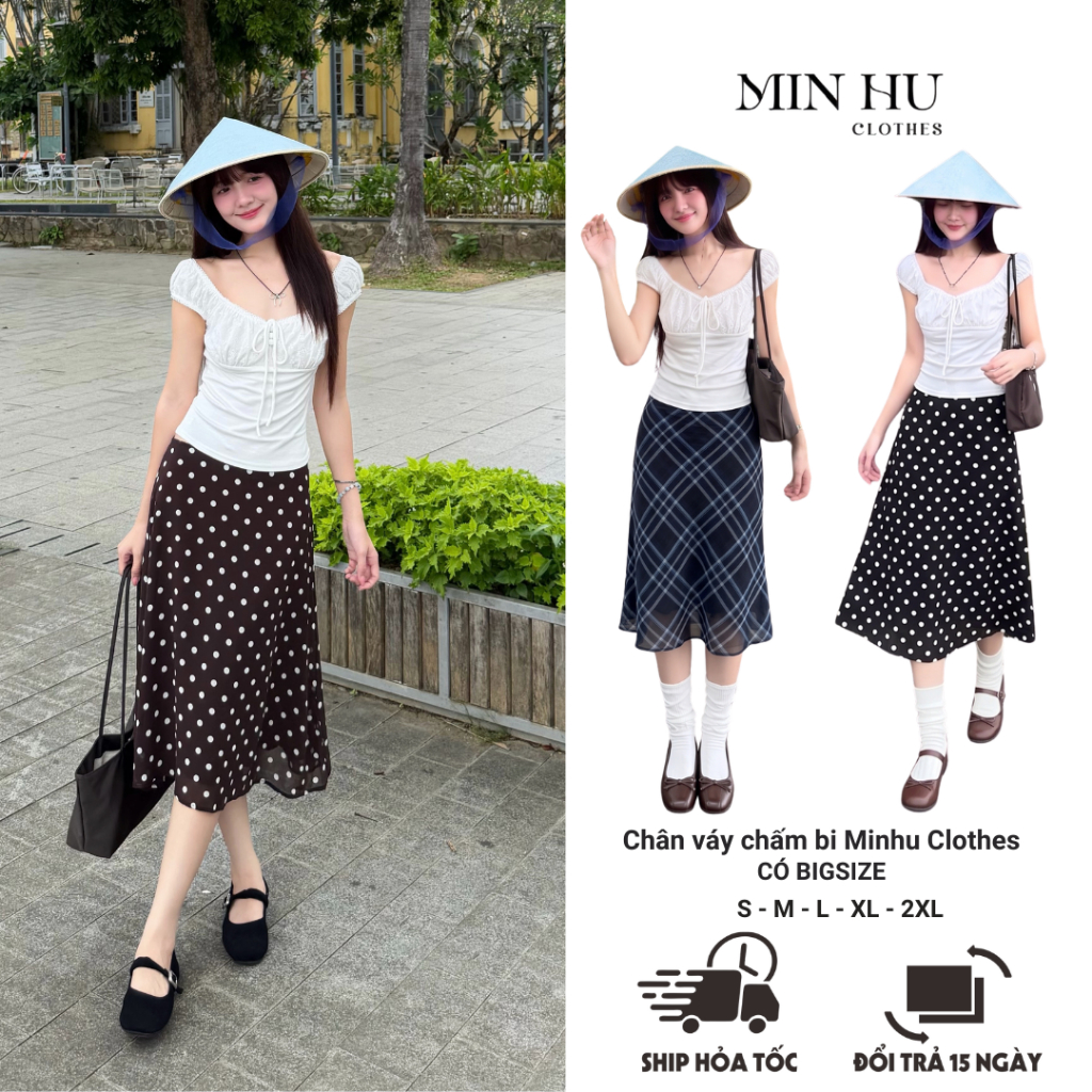 Chân Váy Chấm Bi Dáng Lửng Nữ MINHU CLOTHES Vintage - Chân Váy Cạp Cao Công Sở Đi Học Đi Chơi[CV04]