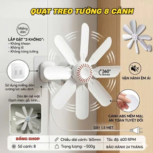 Quạt Treo Tường 8 Cánh Xoay Điều Chỉnh Linh Hoạt, Quạt Mát Không Gây Ồn Tiết Kiện Điện, Bền Bỉ [ Tặng Miếng Dán Tường ]