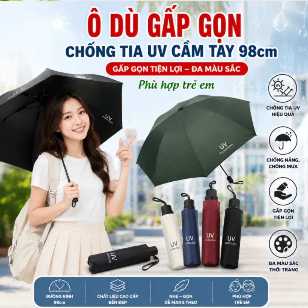Ô Che Nắng Chống Tia UV, Dù Che Mưa Che Nắng Gấp Gọn Chất Liệu Chống Thấm Nước