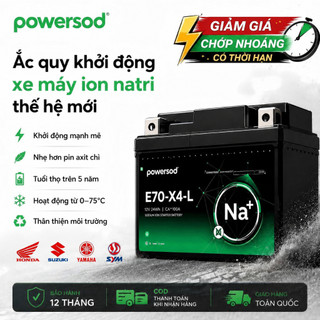 Bình Ắc quy ion natri xe máy Powersod E70X4L Miễn bảo dưỡng dùng cho Air blade, Wave, Future, Vision, Click, Sirius Fi