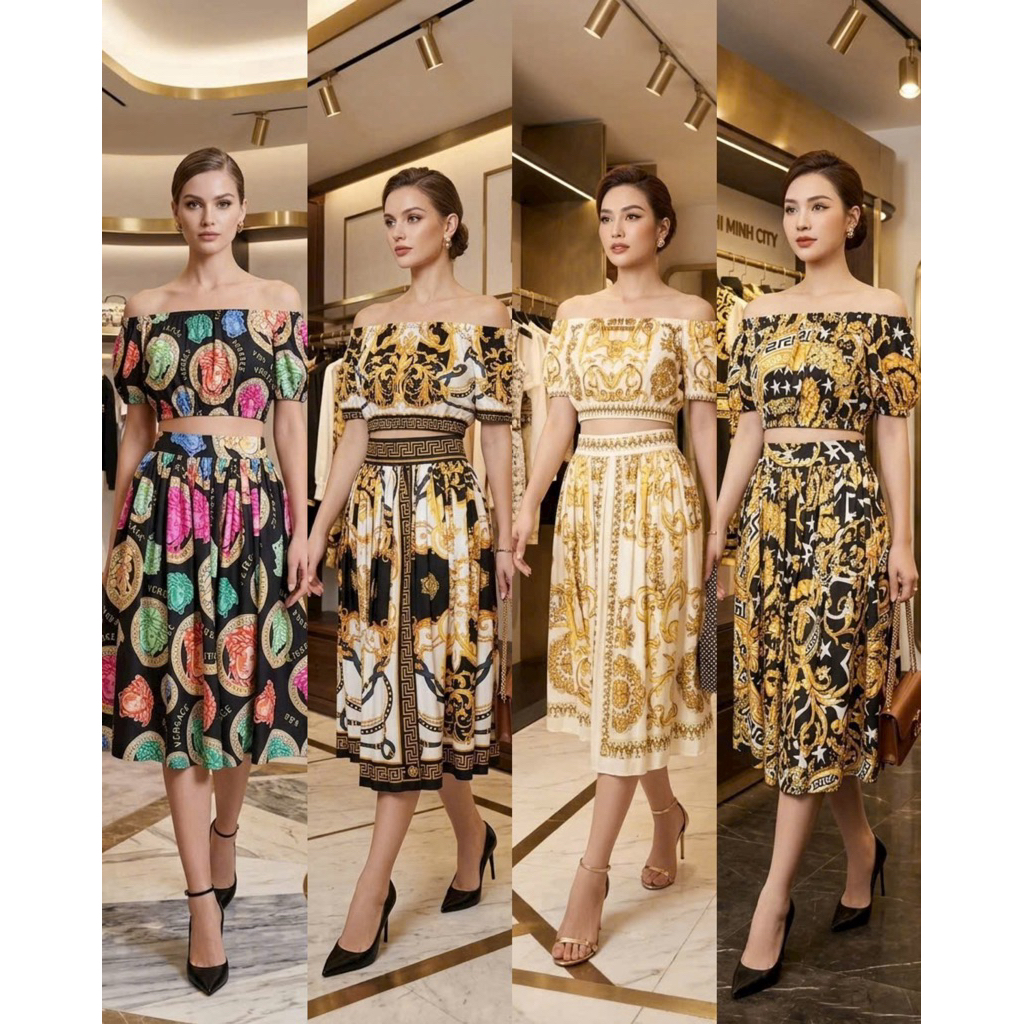 set áo trễ vai và váy xoè vàng sang trọng nhiều màu