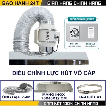Combo máng hút mùi bếp inox (bản có điều tốc) + quạt thông gió hút khói, hút mùi bếp, lọc không khí