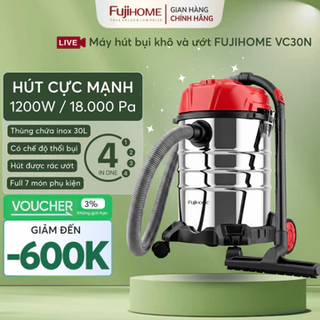 Máy hút bụi thùng inox Nhập Khẩu FUJIHOME VC30N 30L, máy hút nước thổi bụi tích hợp lọc HEPA