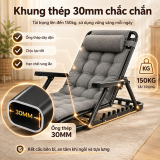 Ghế Tựa Lưng Gấp Gọn 7 Cấp Điều Chỉnh, Đệm Bông Êm Ái, Tải Trọng 150KG, Ghế Thư Giãn Đọc Sách Nghỉ Trưa Tại Nhà