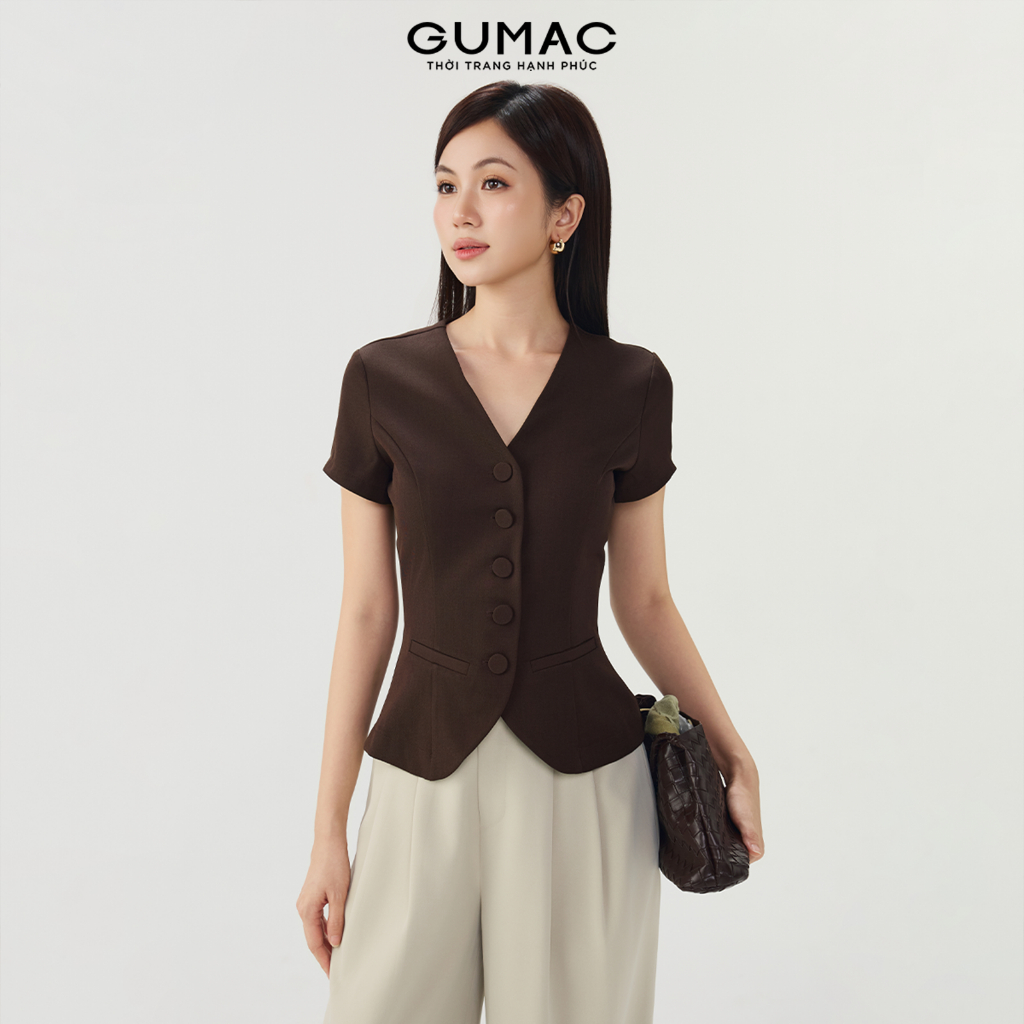 Áo Sơ Mi Nữ GUMAC Form Ôm Eo Cổ V Kiểu Gile Rã Decoup Nút Bọc Sang Trọng AF05039 - AG07098