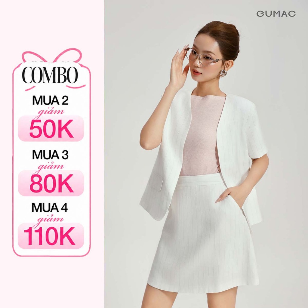 Set Áo Khoác Blazer GUMAC Form Suông Tay Ngắn OWG04096 - OWG04097 - Chân Váy Ngắn Dáng A Xòe Trẻ Trung VG04089