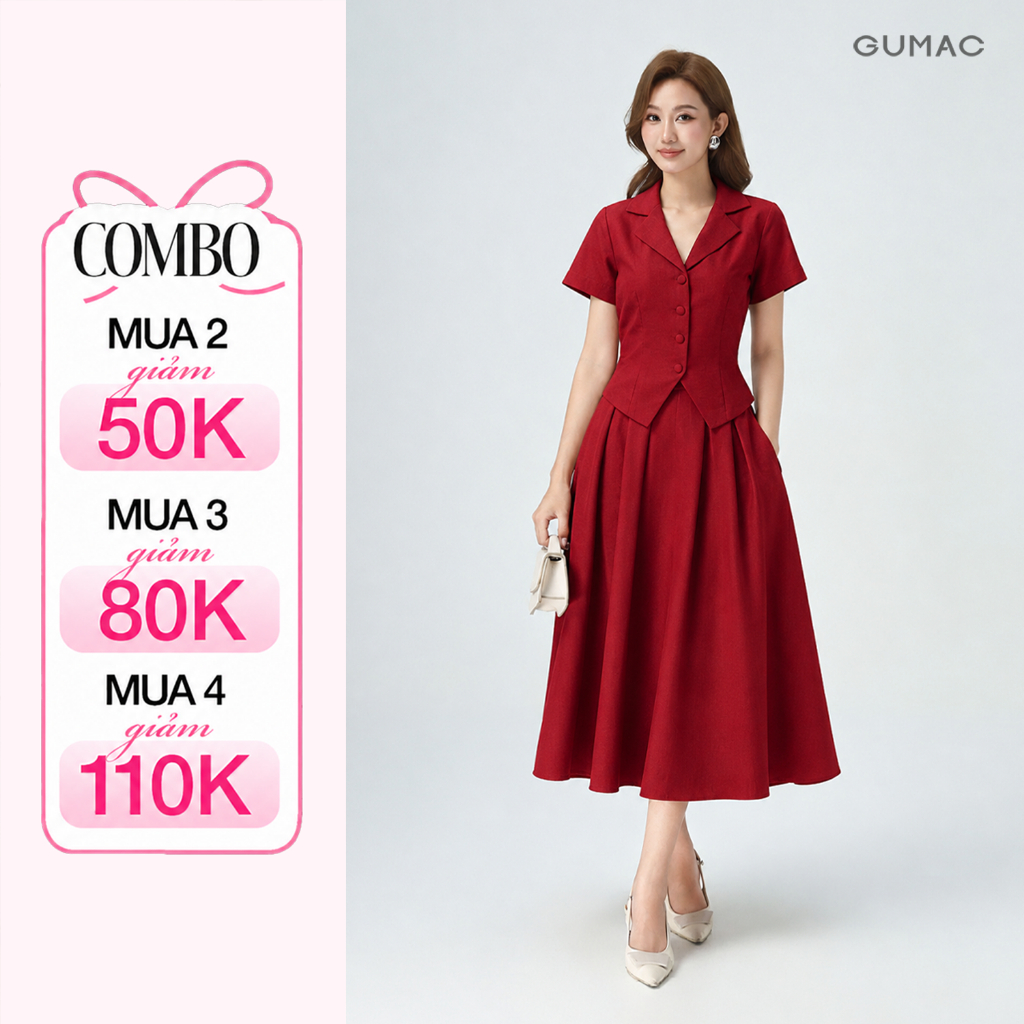 Set Lẻ Áo Kiểu Nữ GUMAC Phối Cổ Danton Sang Trọng AF12002 - Chân Váy Dáng A Ly Xòe Xếp Ly Nữ Tính VF12003
