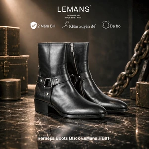 Giày da bò Harness Boots Black LEMANS HB01.3 Gót vân gỗ Đế cao 5.5cm BH 12T