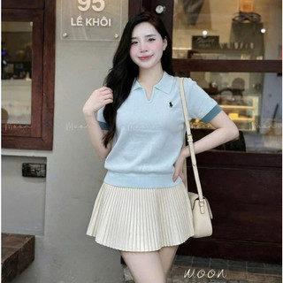 LT - Áo len cổ bẻ cộc tay hình ngựa thêu, len mongtoghi mềm mỏng free size 1755