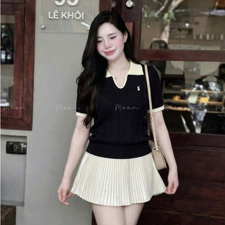LT - Áo len cổ bẻ cộc tay hình ngựa thêu, len mongtoghi mềm mỏng free size 1755