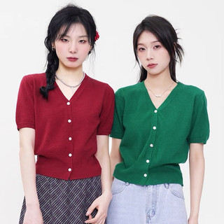 Áo len nữ cộc tay cadigan cổ v màu trơn basic, len mềm mịn free size 649