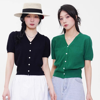 Áo len nữ cộc tay cadigan cổ v màu trơn basic, len mềm mịn free size 649