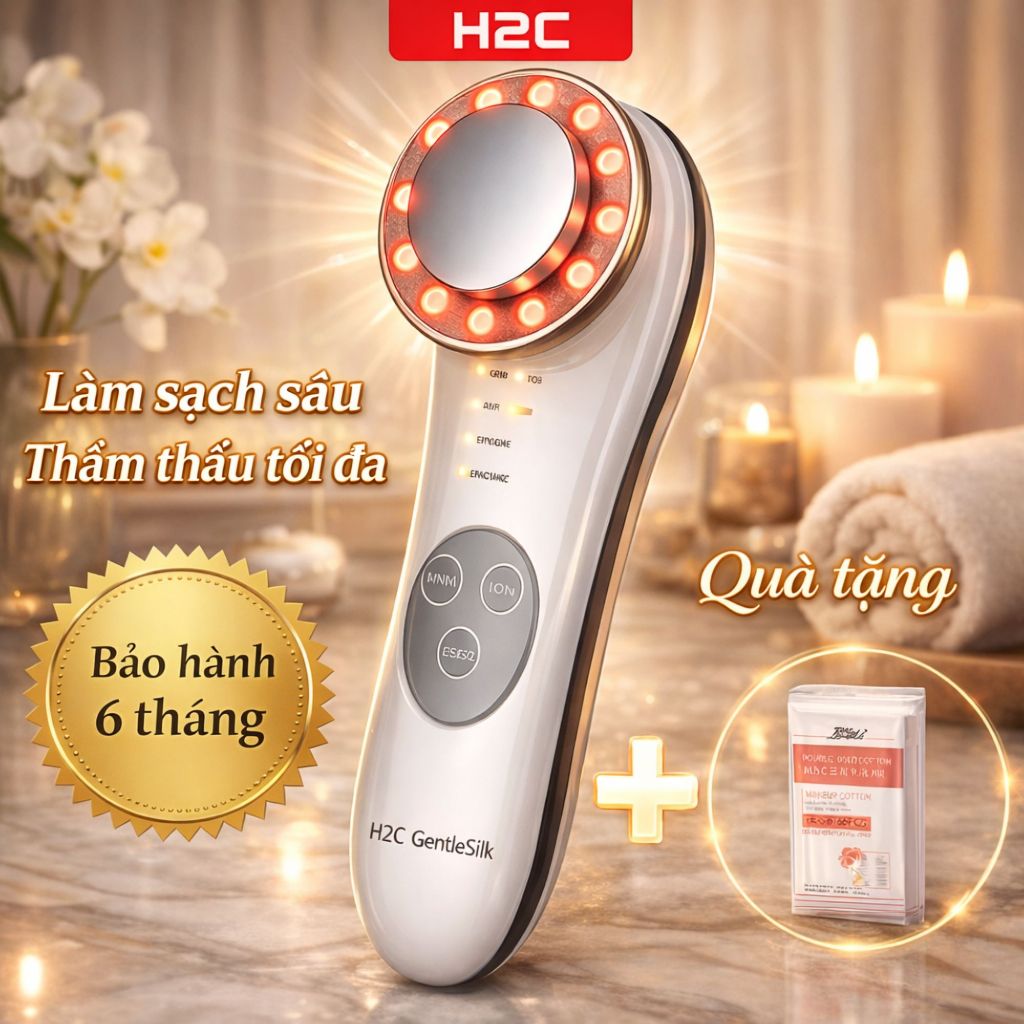 Máy massage mặt, tẩy trang, đẩy tinh chất ion âm dương trẻ hóa da làm ấm 45 độ C H2C