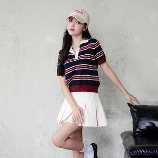 LT - Áo polo kẻ cổ bẻ cộc tay len mongtoghi phối màu siêu xinh free size 1165