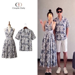 Set Đồ Đôi Nam Nữ Couple Đi Biển Du Lịch Váy Yếm Cổ V Dáng Xòe & Áo Sơ Mi Họa Tiết Vintage 88005