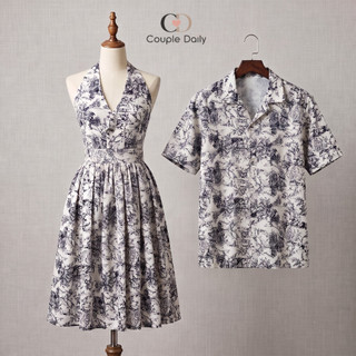 Set Đồ Đôi Nam Nữ Couple Đi Biển Du Lịch Váy Yếm Cổ V Dáng Xòe & Áo Sơ Mi Họa Tiết Vintage 88005