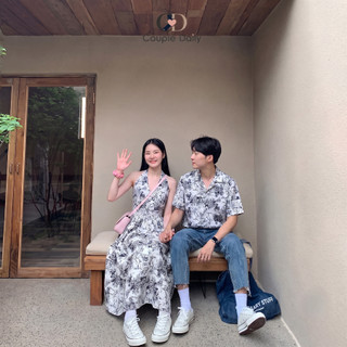Set Đồ Đôi Nam Nữ Couple Đi Biển Du Lịch Váy Yếm Cổ V Dáng Xòe & Áo Sơ Mi Họa Tiết Vintage 88005