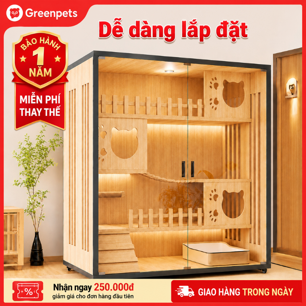 Tủ Nhà Gỗ Villa Cho Mèo 3 Tầng Sang Trọng - Không Gian Vui Chơi Đa Năng Cho Nhiều Mèo