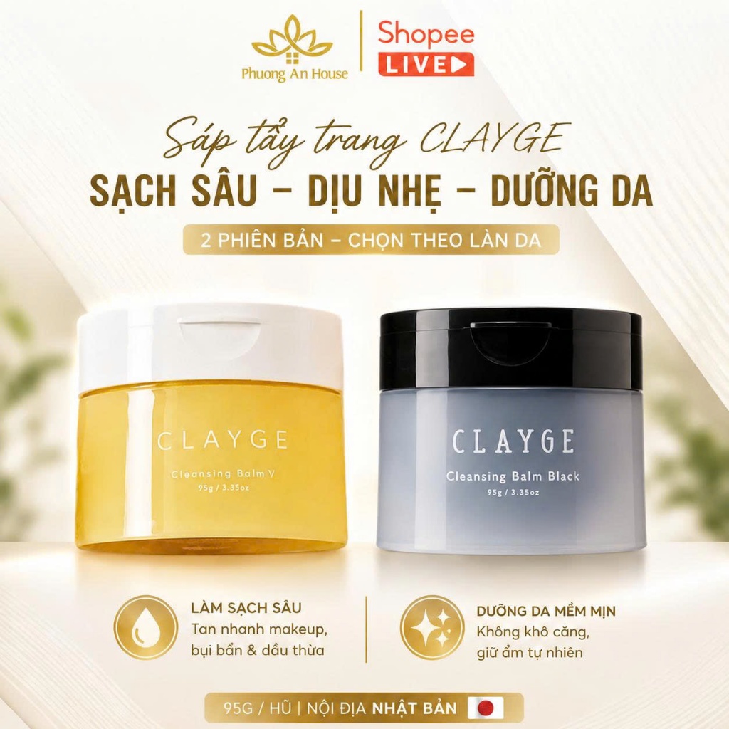Sáp Tẩy Trang CLAYGE Cleansing Balm V & Black 95g Nhật Bản Làm Sạch Sâu, Dưỡng Ẩm