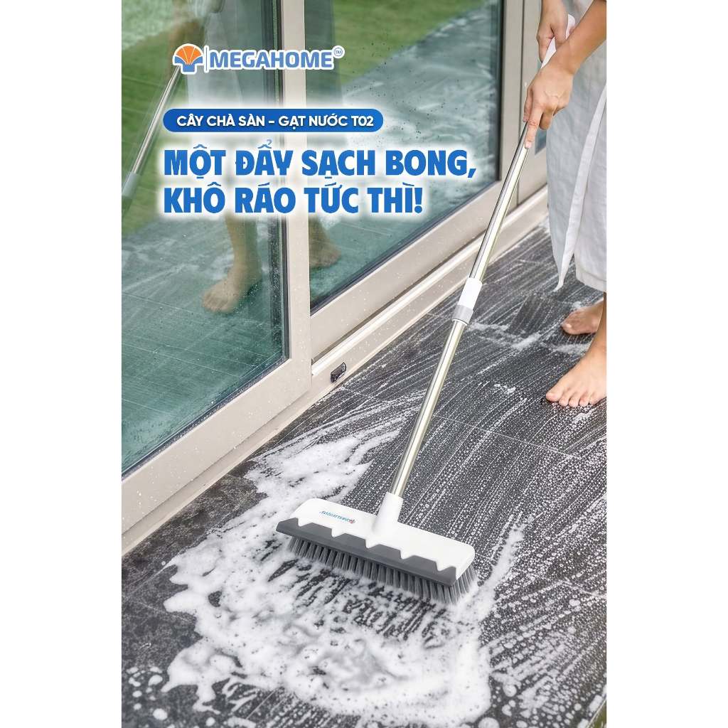 Cây Chà Sàn Và Gạt Nước 2 Trong 1 Bản Chà To (T02) MEGAHOME Cán Rút Tăng Đơ Thu Ngắn 87cm Dài Ra 137cm