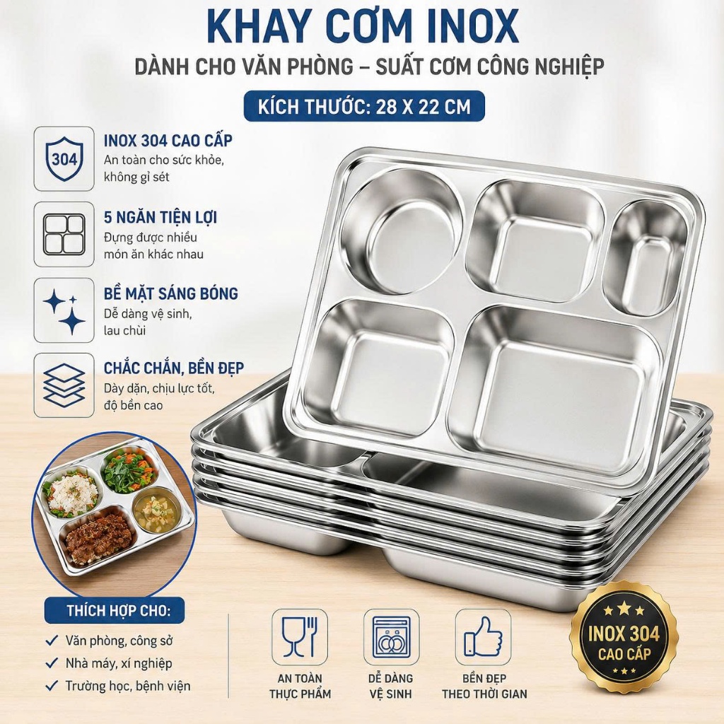 Khay Cơm Sâu Lòng Inox 304 Loại Dày 5 Ngăn Cao Cấp - Khay Cơm Inox Văn Phòng, Khay Cơm Phần