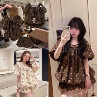 Set Bộ Đồ Nữ Đũi Mềm Chấm Bi Áo Tay Bồng Cổ Chun Tròn Dây Nơ Gấu Phồng Bí Mix Quần Váy Bí