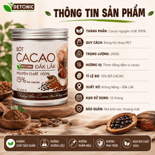 Bột Cacao Nguyên Chất DETONIC 250g, 15% Bơ CaCao Tự Nhiên,Không Chất Bảo Quản, Hương Vị Truyền Thống