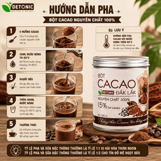 Bột Cacao Nguyên Chất DETONIC 250g, 15% Bơ CaCao Tự Nhiên,Không Chất Bảo Quản, Hương Vị Truyền Thống