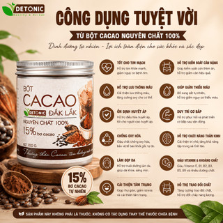 Bột Cacao Nguyên Chất DETONIC 250g, 15% Bơ CaCao Tự Nhiên,Không Chất Bảo Quản, Hương Vị Truyền Thống
