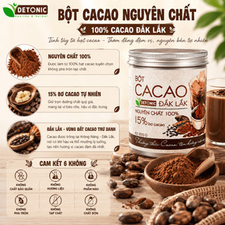 Bột Cacao Nguyên Chất DETONIC 250g, 15% Bơ CaCao Tự Nhiên,Không Chất Bảo Quản, Hương Vị Truyền Thống