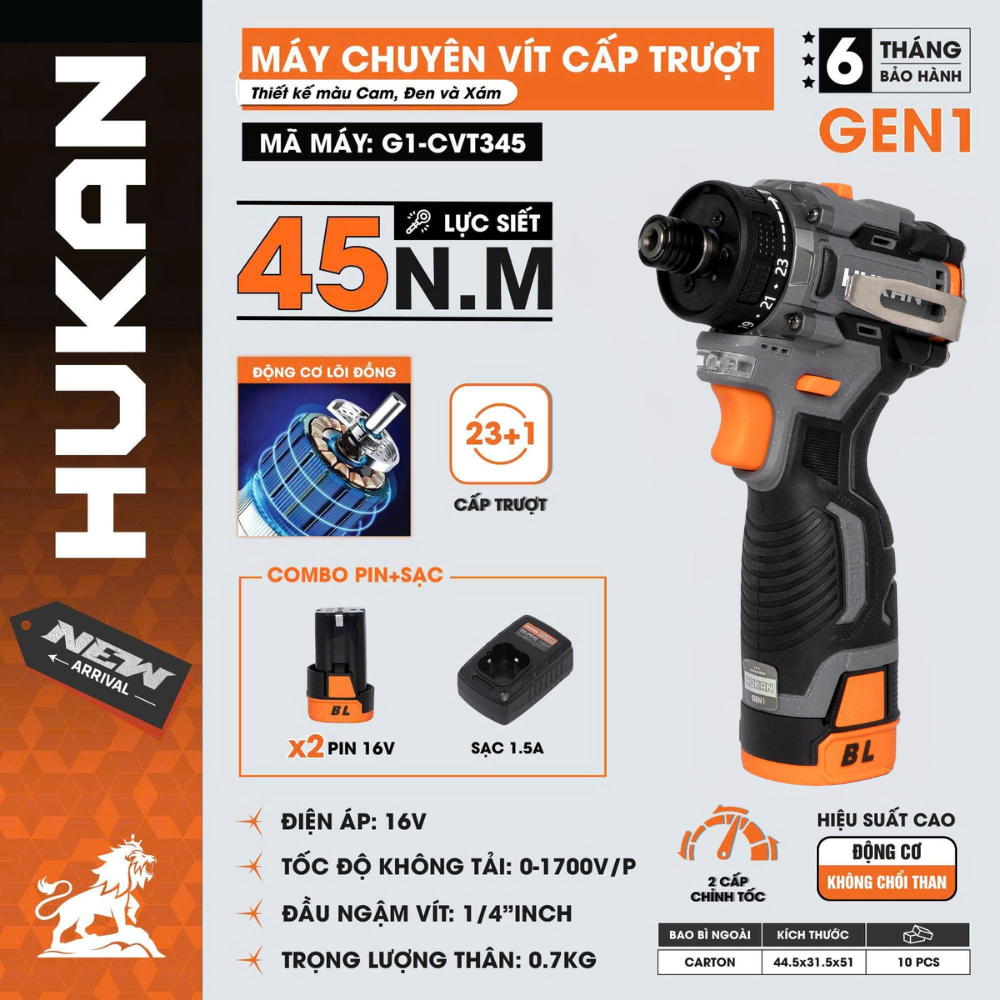 Bộ máy chuyên vít trượt pin HUKAN G1-VT1645s và G1-CVT345, Lực siết 45Nm - 2Pin - Không chổi than