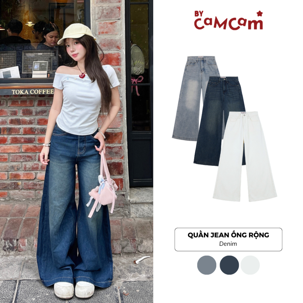 Quần Jeans Wash New Cạp Cao 𝑩𝒚𝒄𝒂𝒎𝒄𝒂𝒎 Quần Bò Ống Rộng Tôn Dáng Basic QTD002