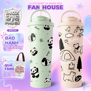 Ly giữ nhiệt Pastel V2 inox 316 tráng sứ ống hút trân châu, bình giữ nhiệt trà sữa 830ml Fan House