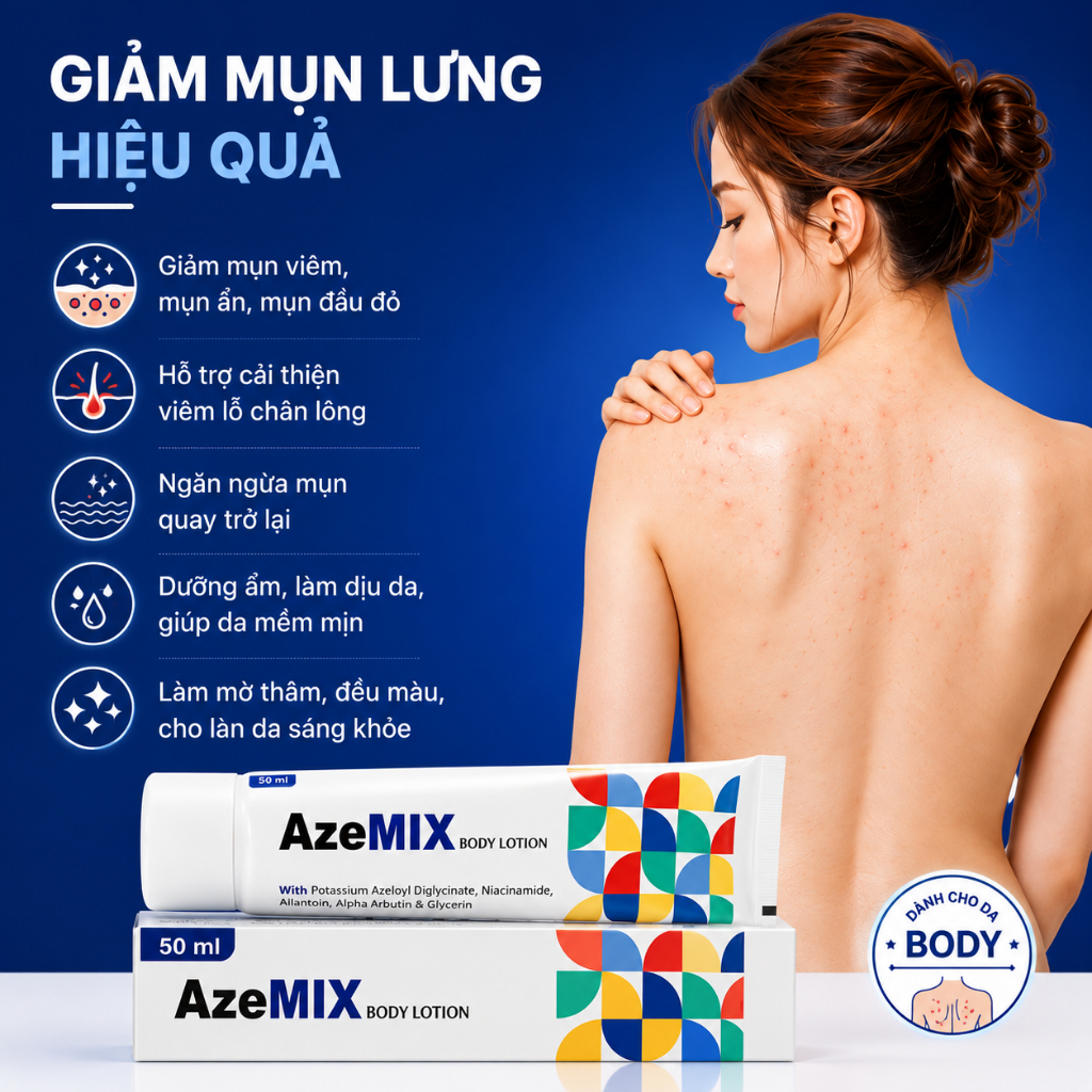 Kem Giảm Mụn Mờ Thâm Toàn Thân Sáng Da Phục Hồi Da An Toàn Azemix Body Lotion 50ml Chính Hãng