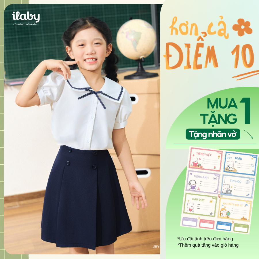 [GIẢM 30% LIVESTREAMV] Áo sơ mi đi học bé gái ILABY cotton mềm mịn và chân váy xếp ly đính cúc [3896+3922]