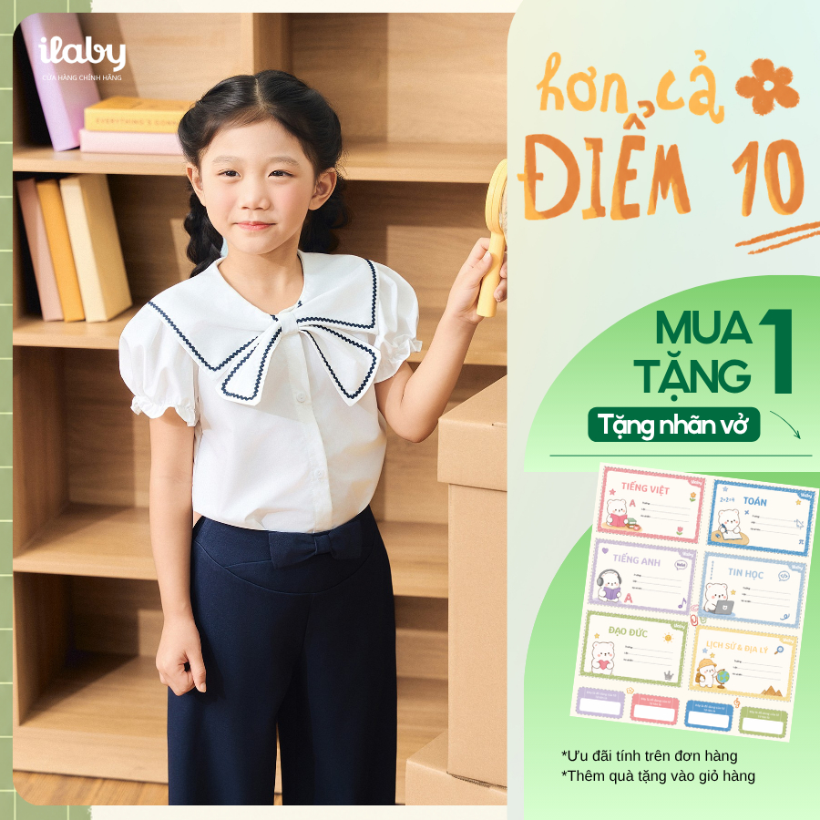 [GIẢM 30% LIVESTREAM] Áo sơ mi bé gái ILABY, áo sơ mi cổ thủy thủ và quần suông đính nơ [3898+3971]