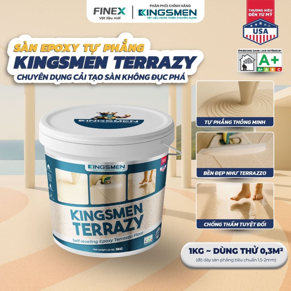 [1KG DÙNG THỬ~0.3M²] Sơn sàn hiệu ứng Epoxy Kingsmen Terrazy, cải tạo sàn không đục phá, chống thấm, trơn trượt