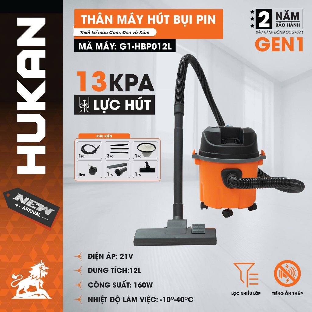 [BH 2 Năm] Máy Hút Bụi Pin HUKAN G1-HBP012L, Lực Hút 13KPA, Dung Tích Chứa 12 lít - Hút Khô Hút Ướt