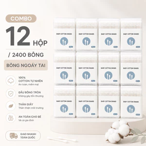 Combo 12 Hộp / 2400 Tăm Bông Ngoáy Tai Kháng Khuẩn V-Cool Cho Trẻ Sơ Sinh – An Toàn, 2 Đầu Mềm Mại, Không Xơ